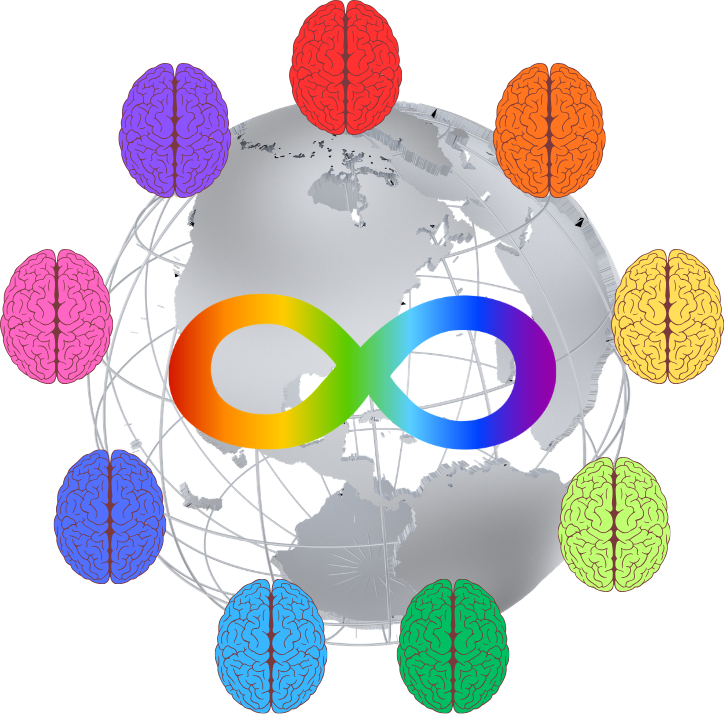 A globe surrounded by brains that are illustrated in different colours, with a rainbow infiniti symbol in the middle. 