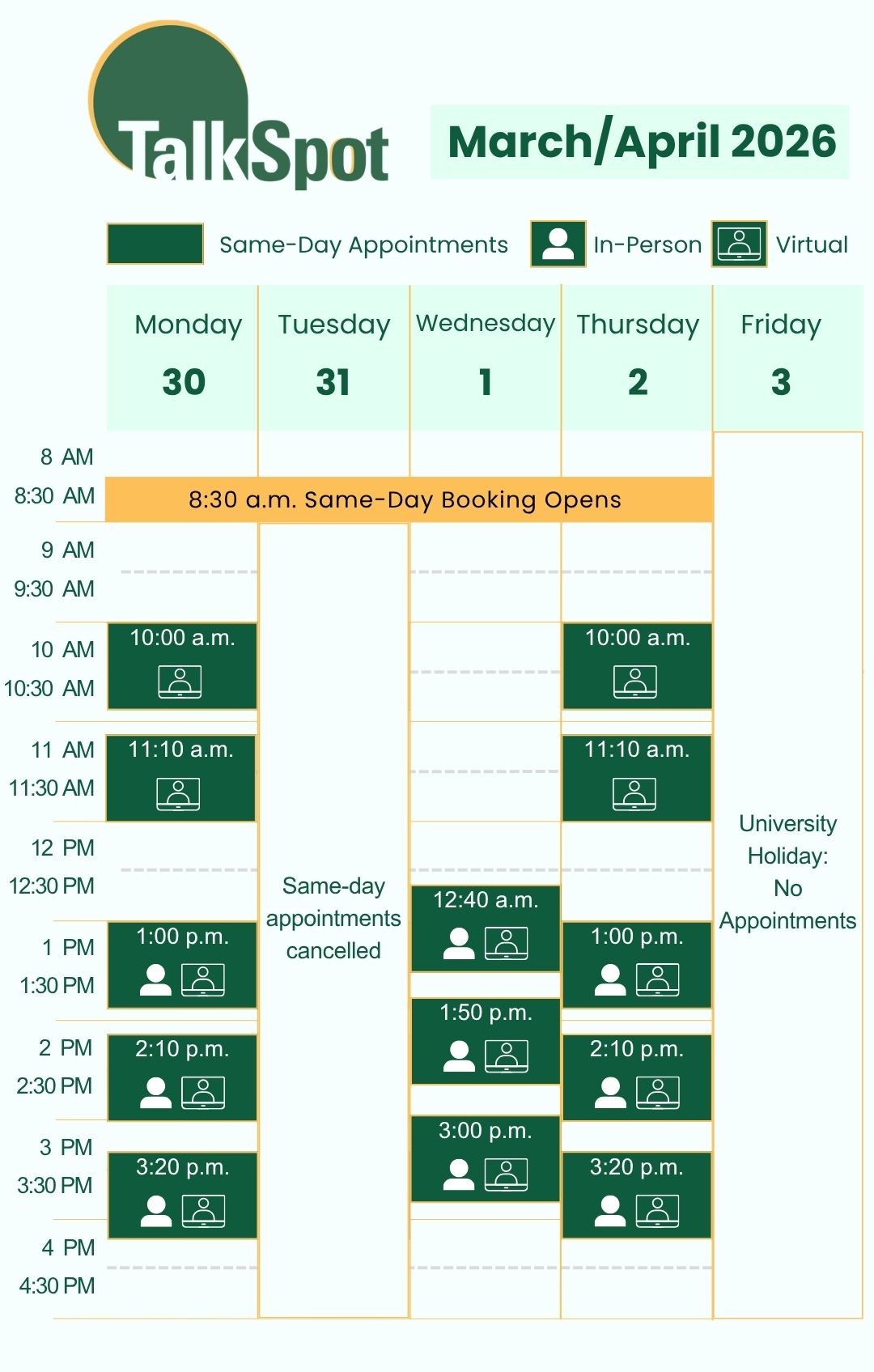 Calendar of same-day appointments availability for the week of March 30, 2026.  