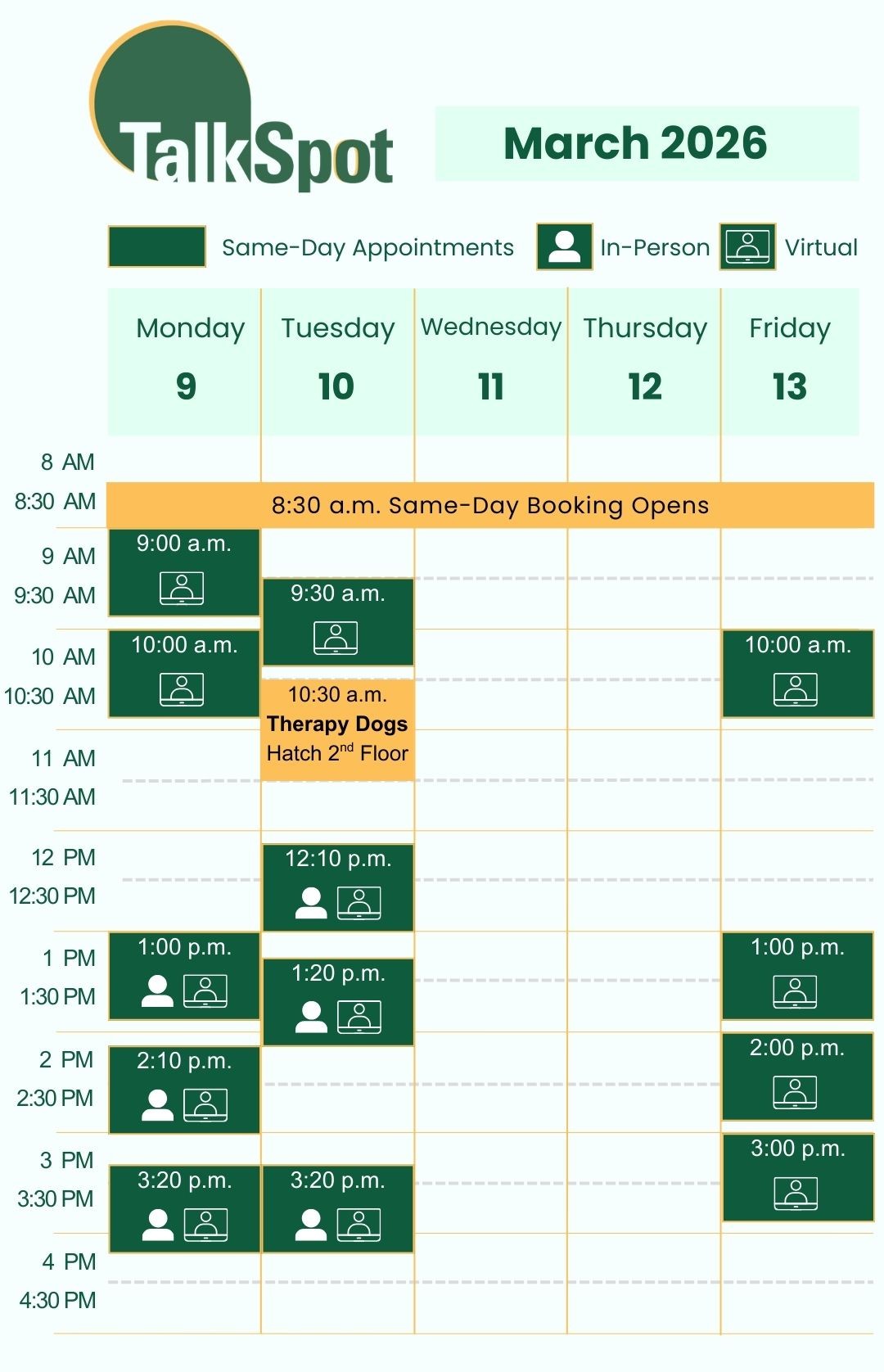 Calendar of same-day appointment availability for the week of March 9, 2026. 