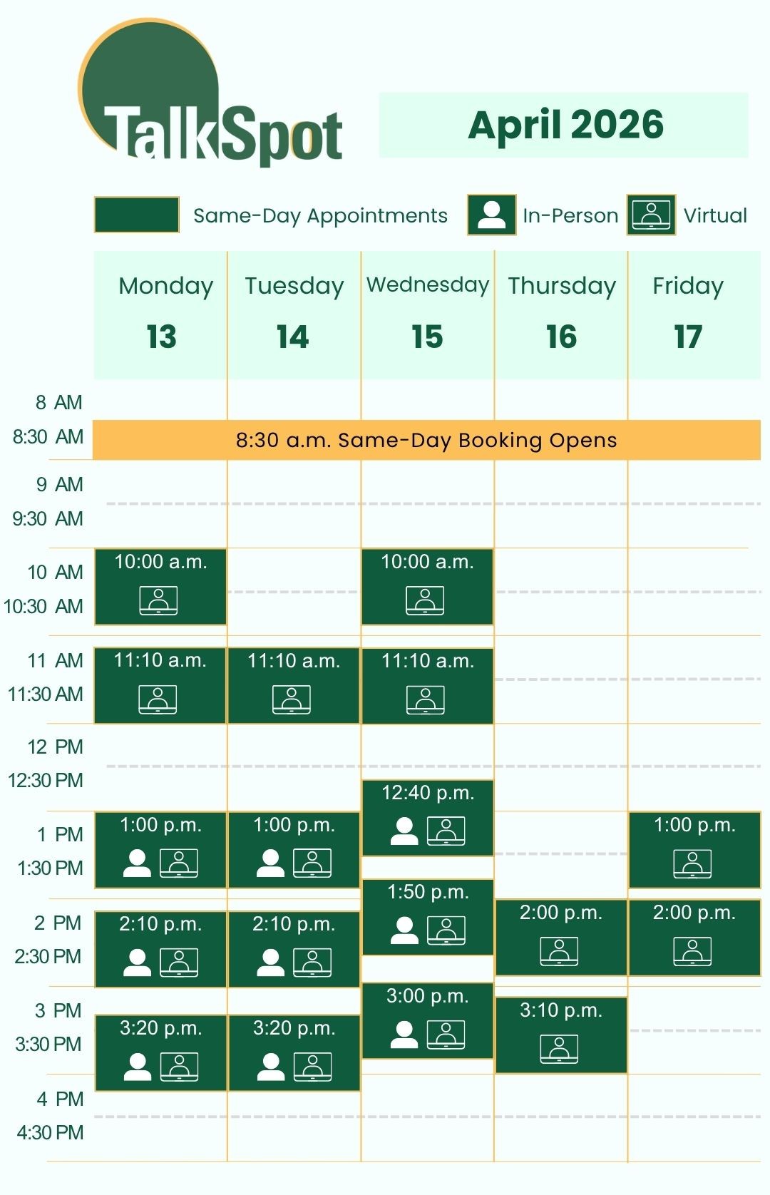 Calendar of same-day appointment availability for the week of April 13, 2026. 