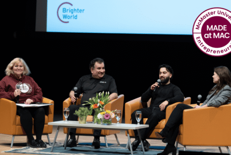 Panelists sit on stage. From left to right: Susan Tighe, Ali Emadi, Manak Bajaj, and Mackensey Bacon.