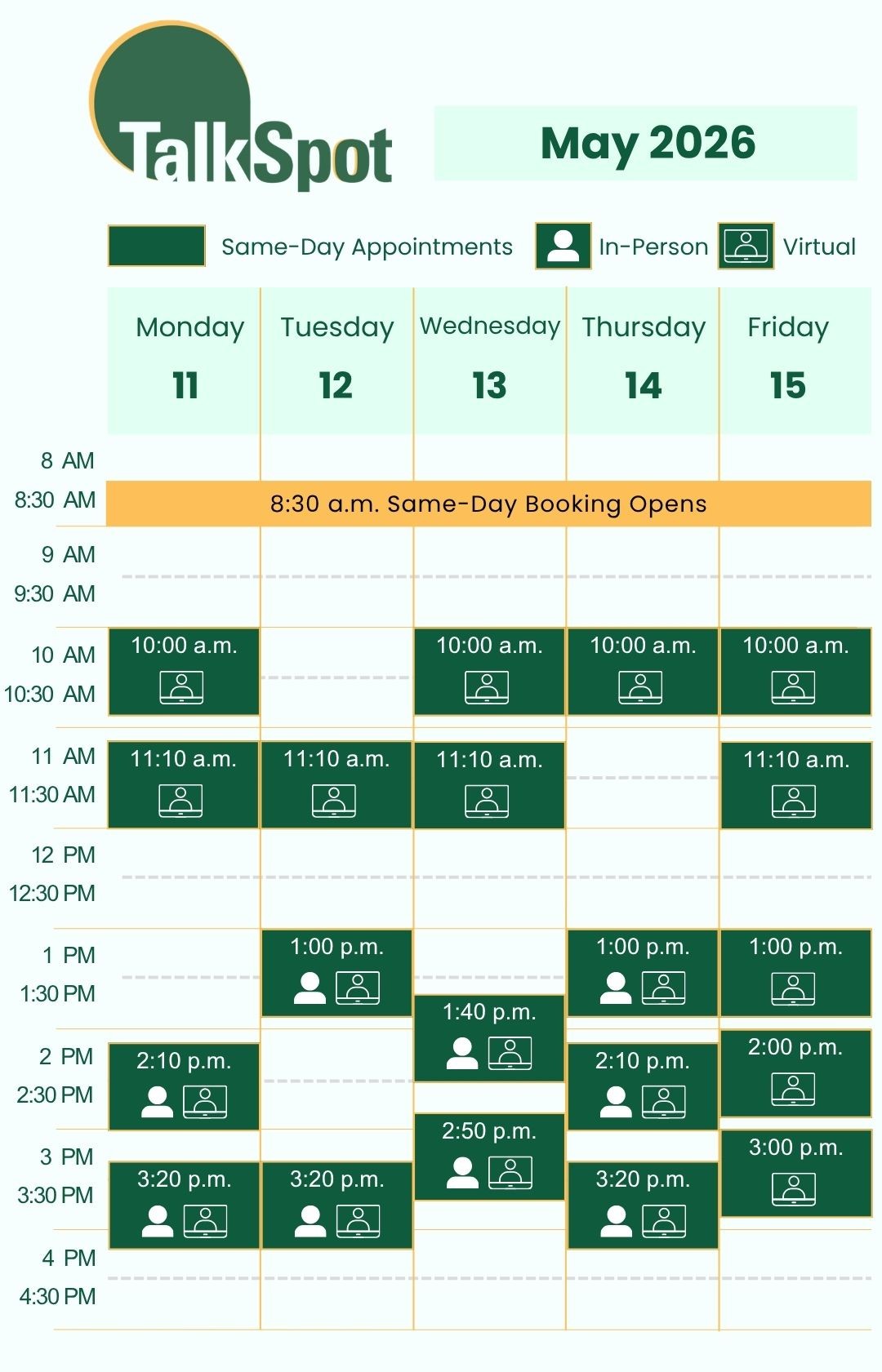 Calendar of same-day appointment availability for the week of May 11, 2026.