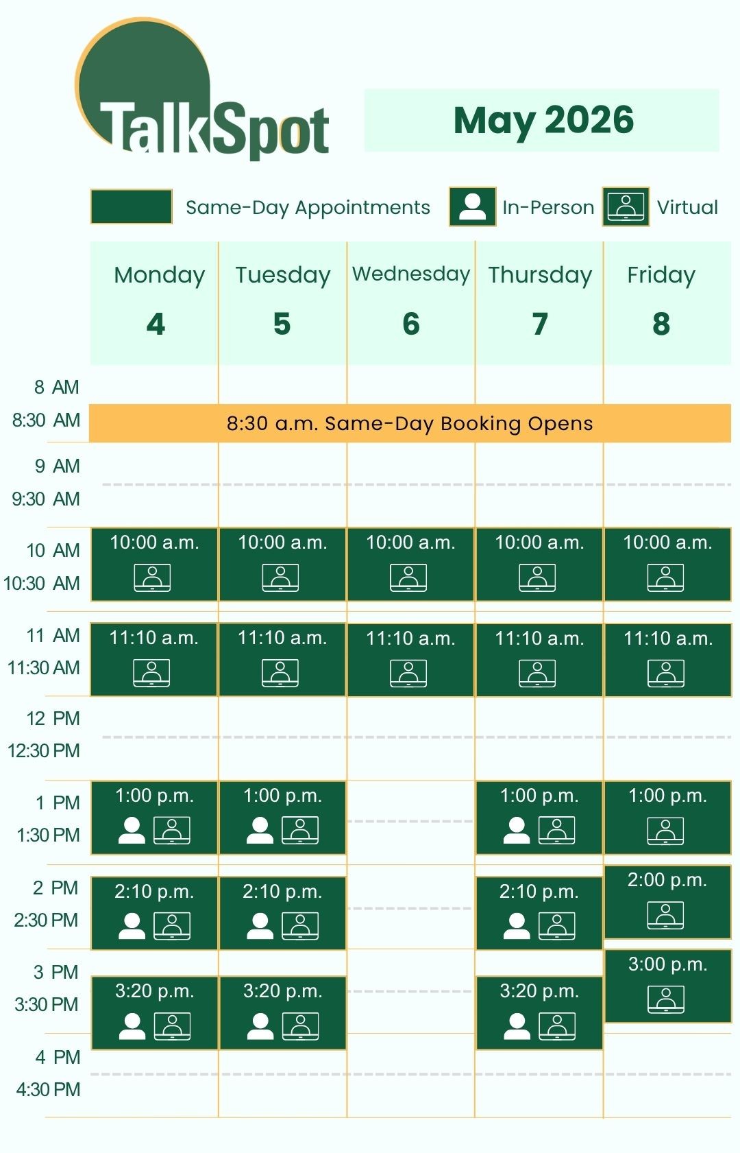 Calendar of same-day appointment availability for the week of May 1, 2026. 