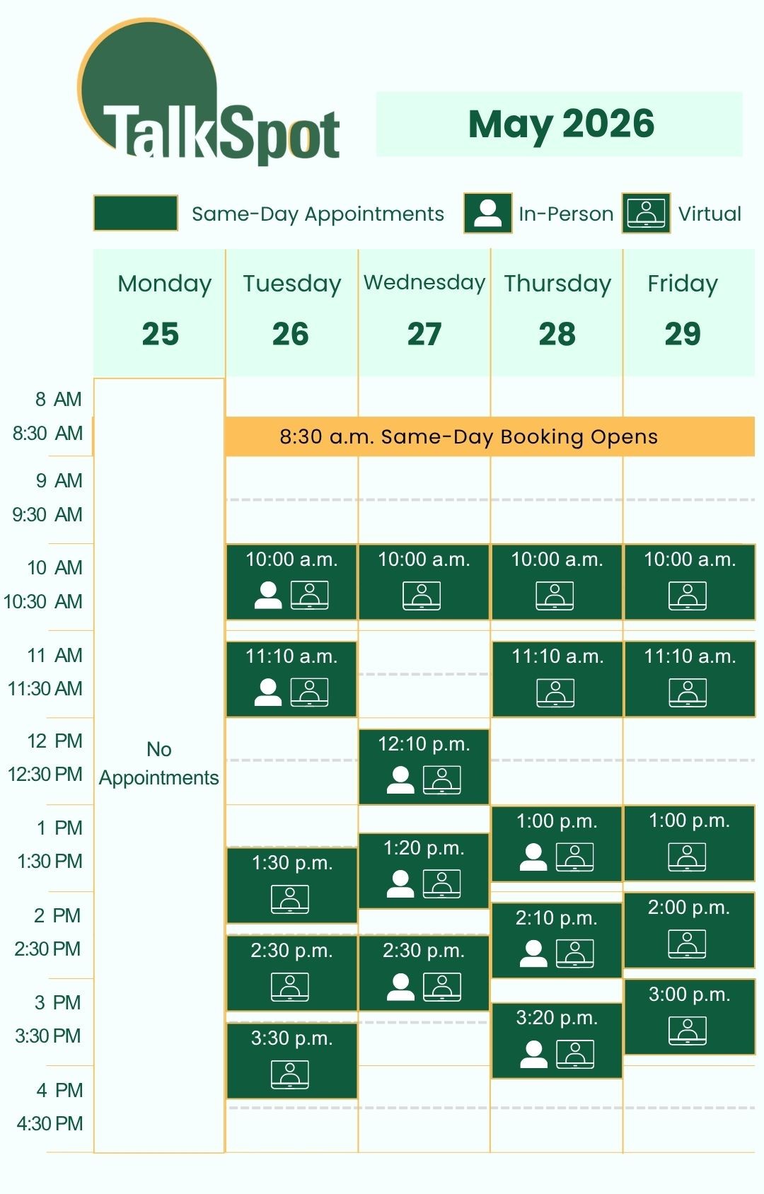 Calendar of same-day appointment availability for the week of May 25, 2026.