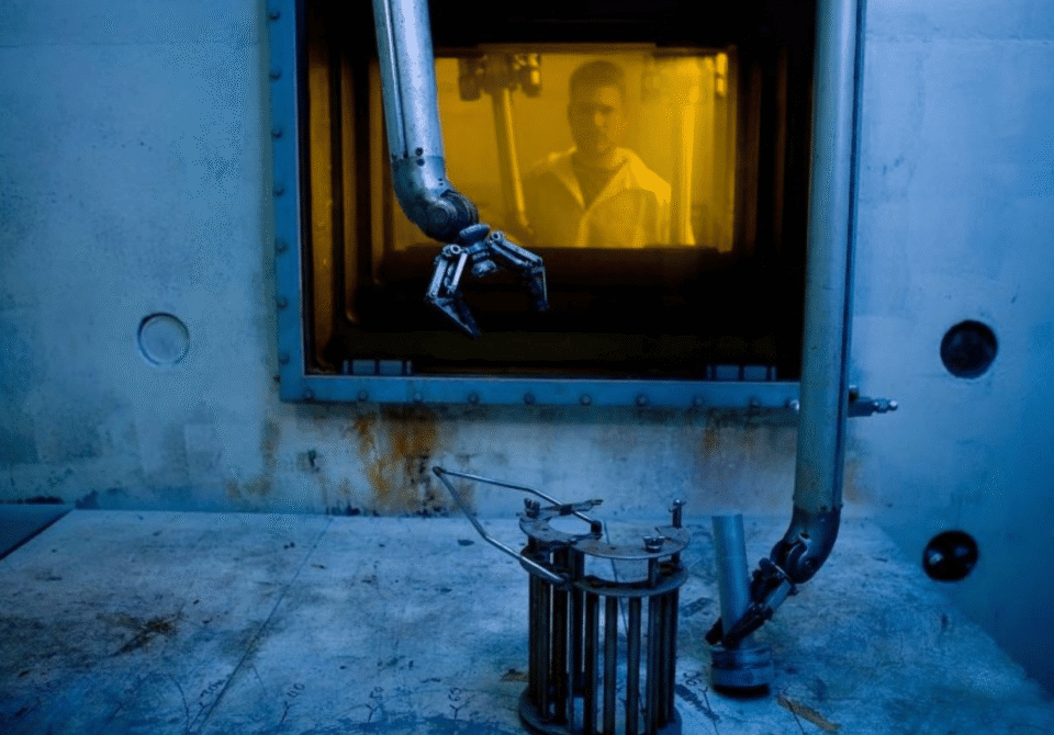 Someone wearing a lab coat stands behind glass, while a robotic arm moves to pick up an object in the foreground.