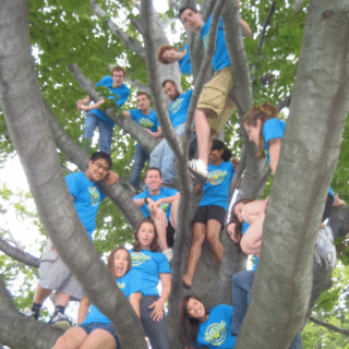 Summer camp staff in a tree in 2008