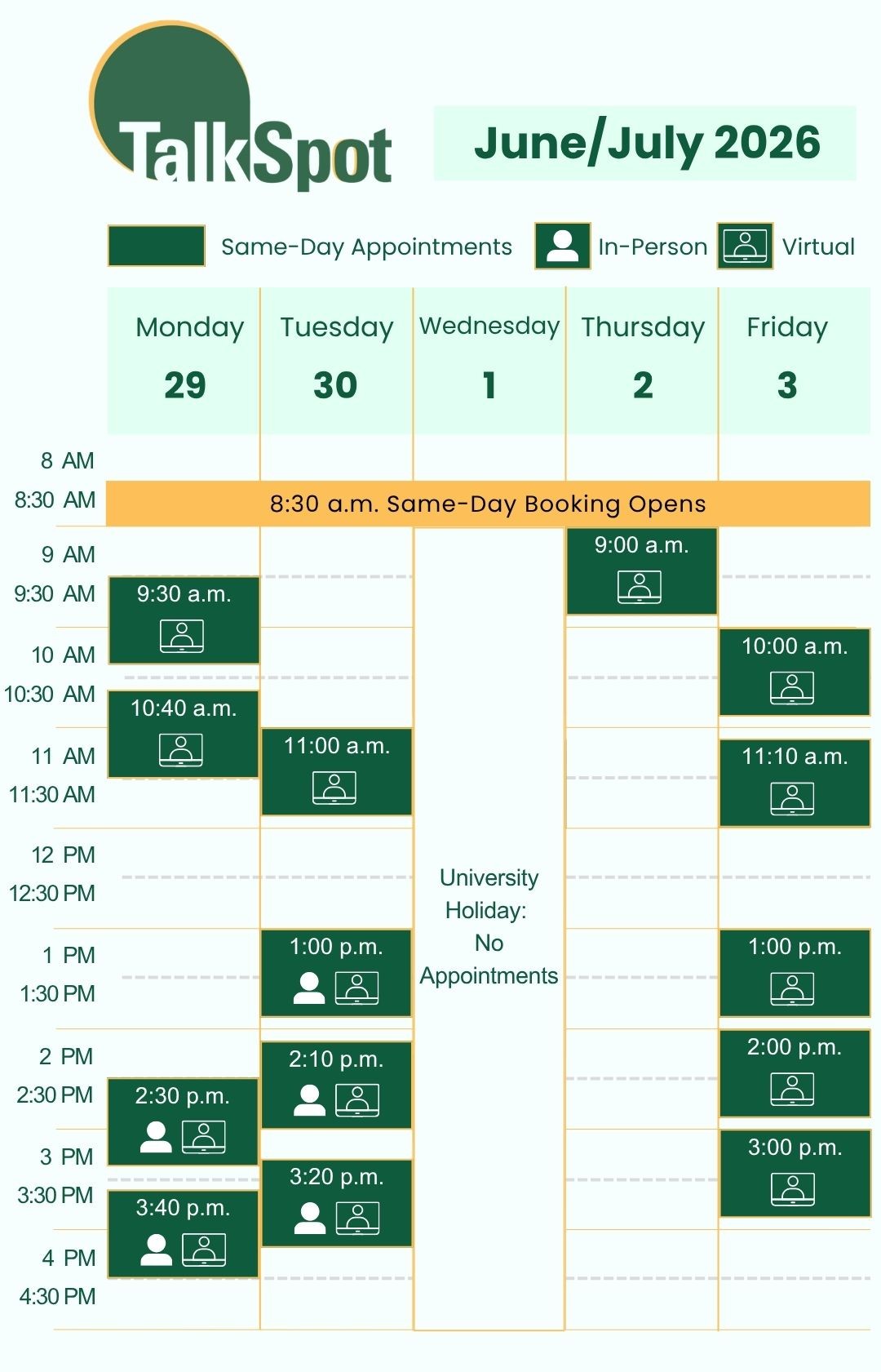 Calendar of same-day appointment availability for the week of June 29, 2026. 