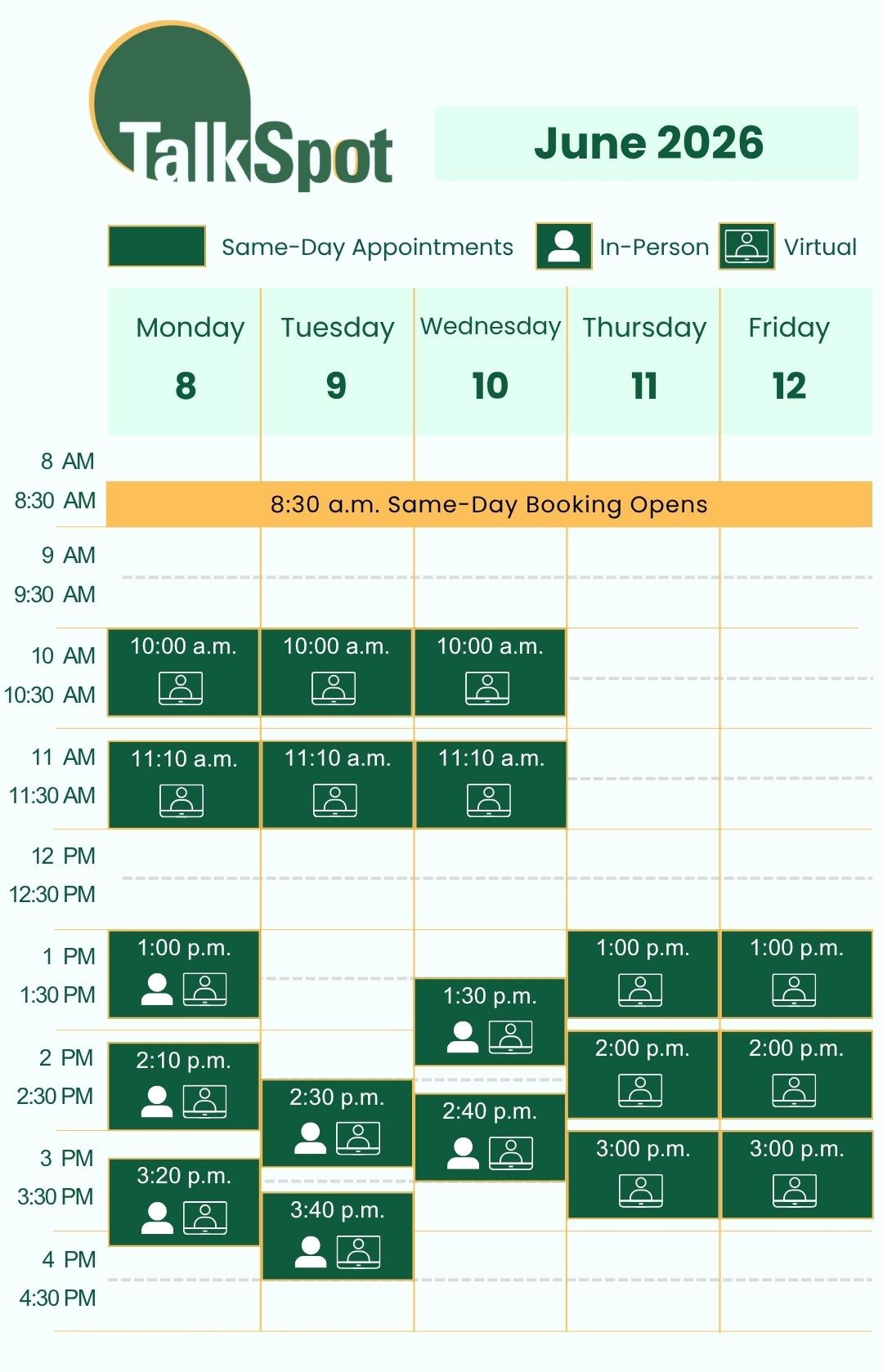 Calendar of same-day appointment availability for the week of June 8, 2026.