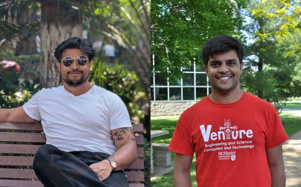 Two photos of Adam, one recent where he's sitting on a bench, and a photo from his time in venture where he's on his own wearing a red venture shirt
