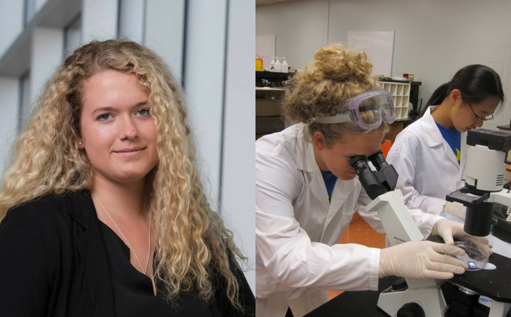 Two photos of Alison, one a recent headshot, the other her looking into a microscope while wearing a lab coat with a child attending venture