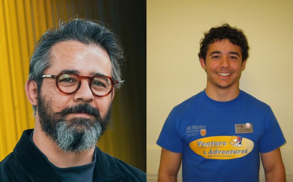 two photos of Dave, one recent headshot where he has a salt and pepper beard with glasses and one from his time in venture where he's wearing a blue venture shirt