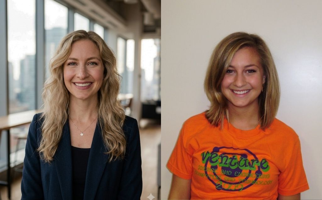 Gabrielle's current portrait and a picture of herself in Venture