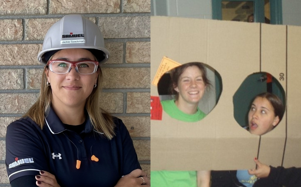 Two photos of Jackie, one from recently where she's wearing a hard hat and goggles leaning up against a brick wall and one from her time in Venture where she's posing in a cutout of a cardboard box with another venture staff member