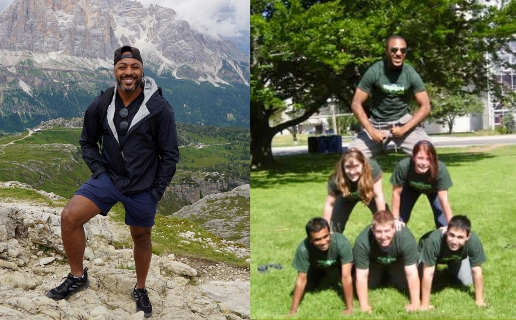 Two photos of Rodney, one from recently where he's posing atop a mountain and one from his time at venture on top of a human pyramid