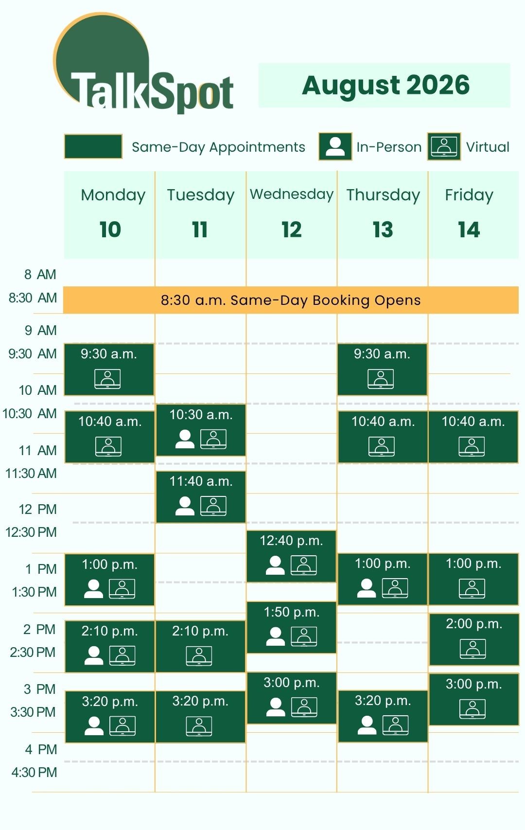 Calendar of same-day appointment availability for the week of August 10, 2026.