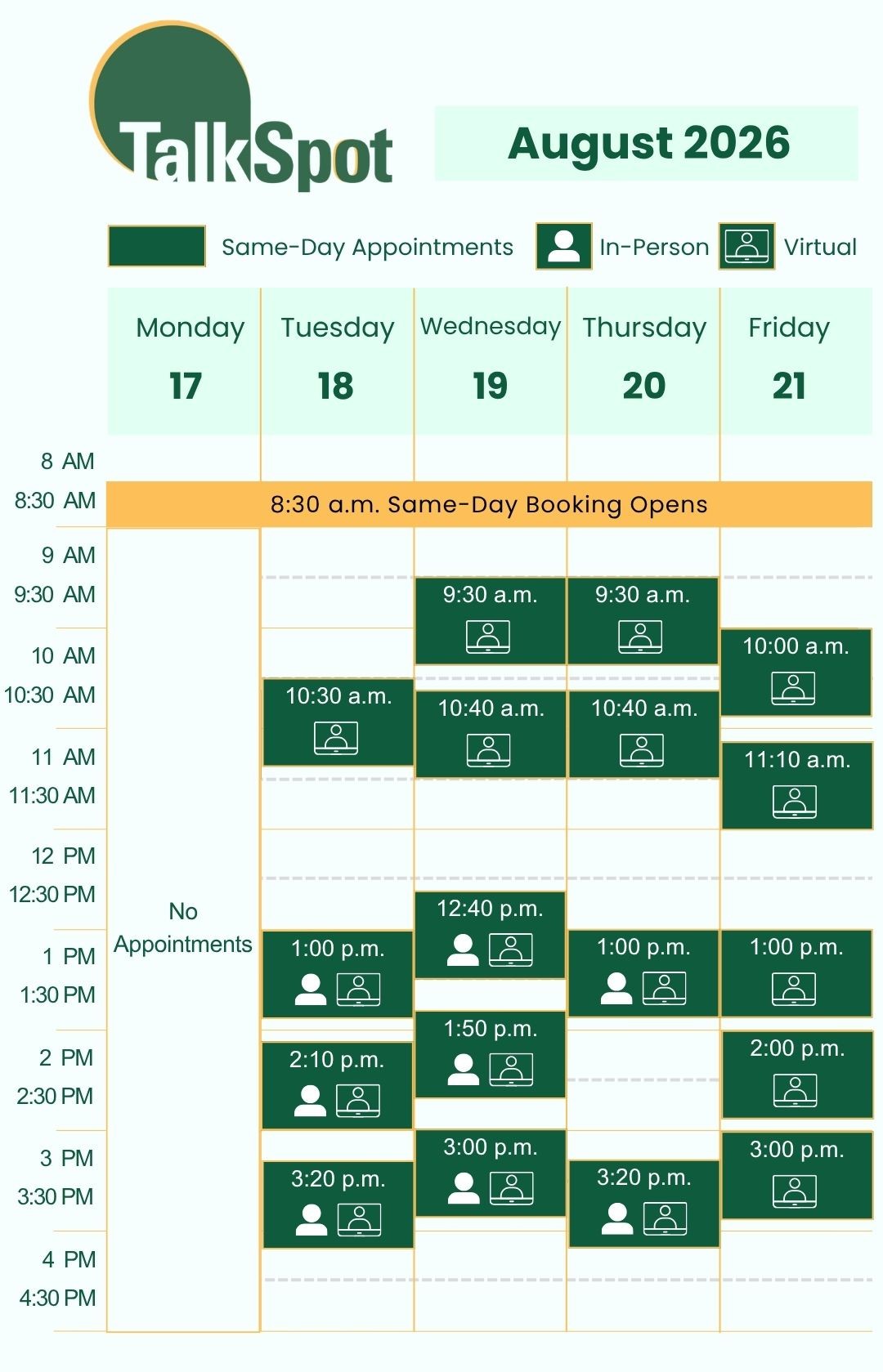 Calendar of same-day appointment availability for the week of August 17, 2026.