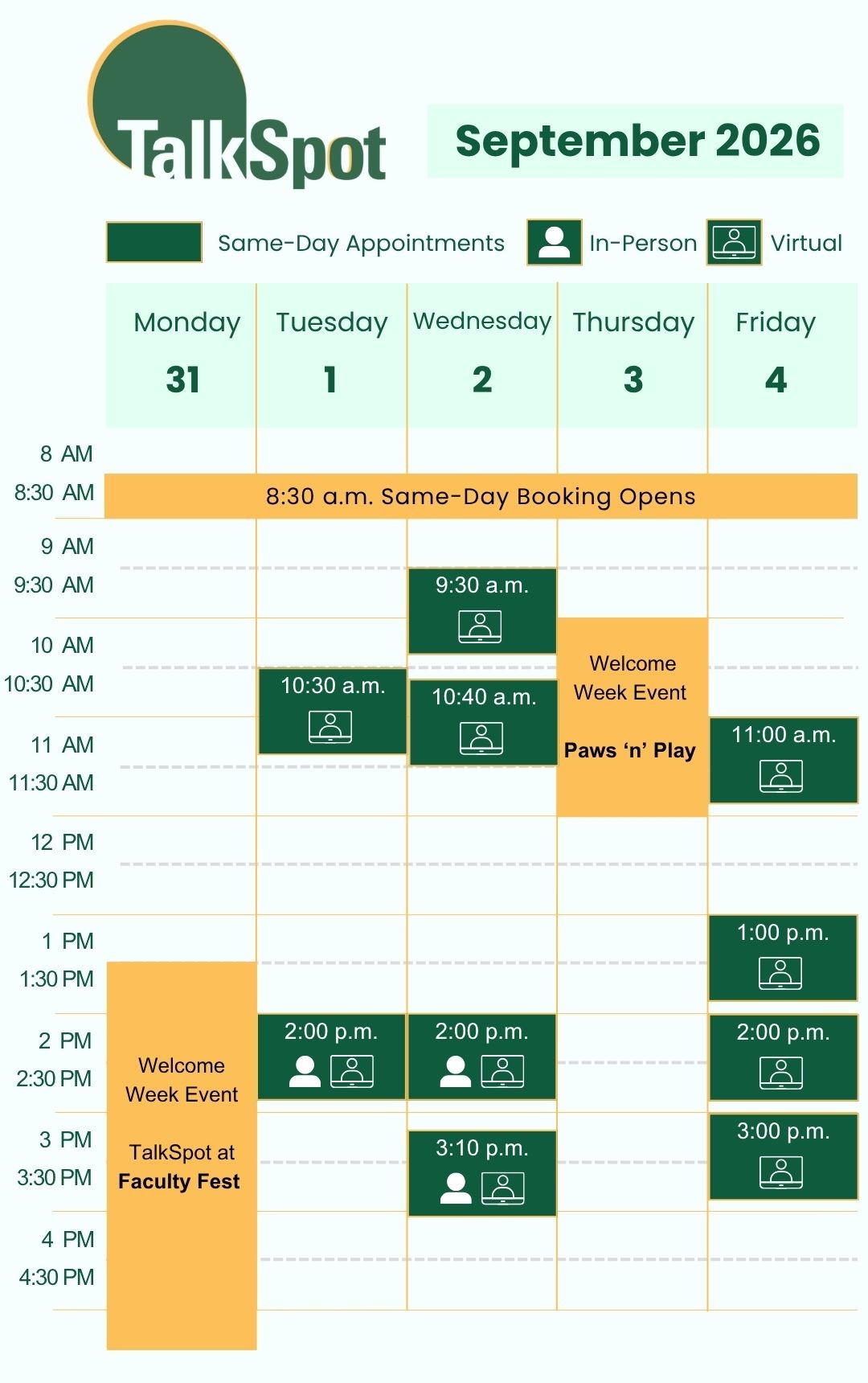 Calendar of same-day appointment availability for the week of August 31, 2026.