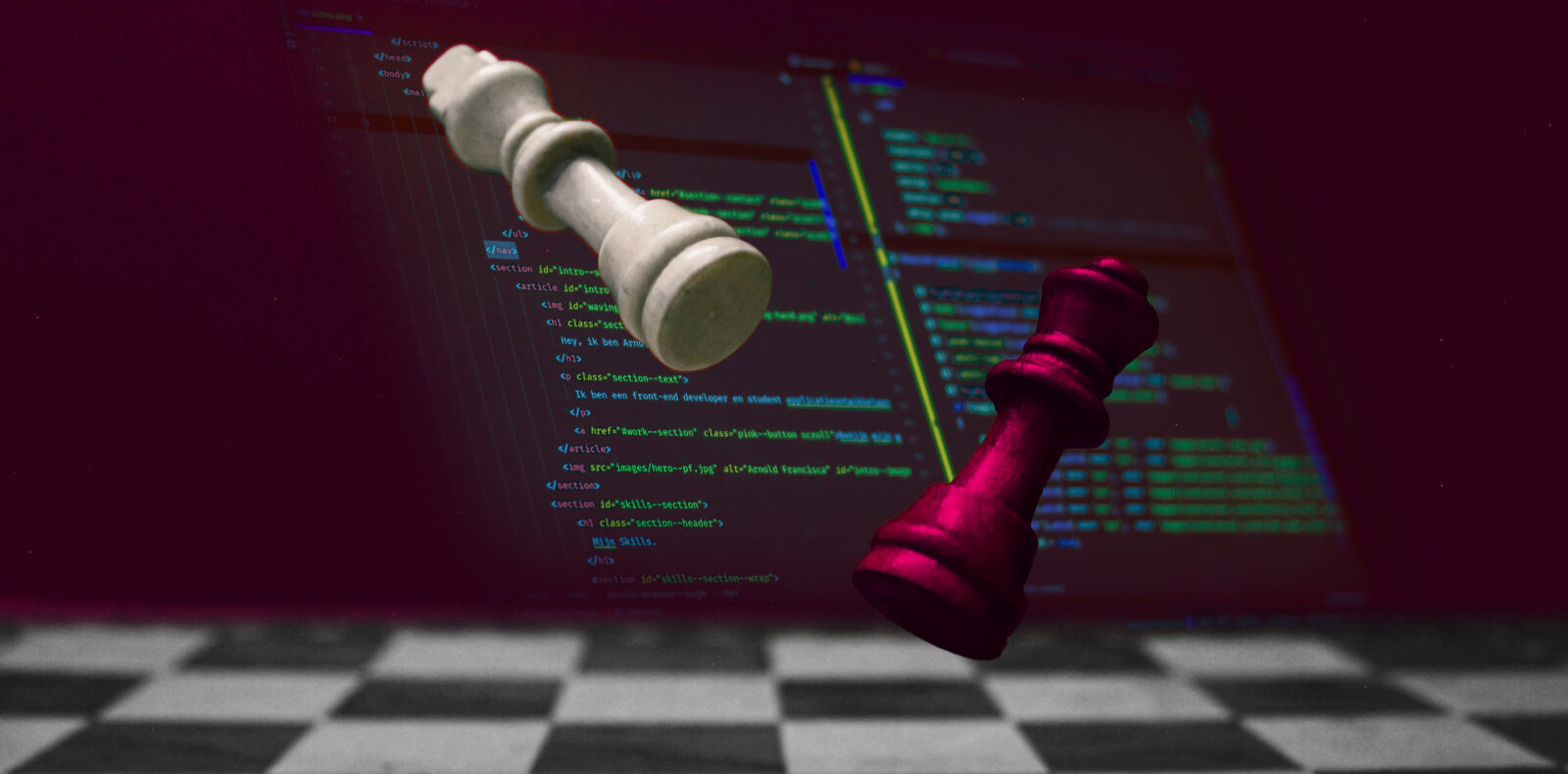 Two chess pieces with computer coding in the background