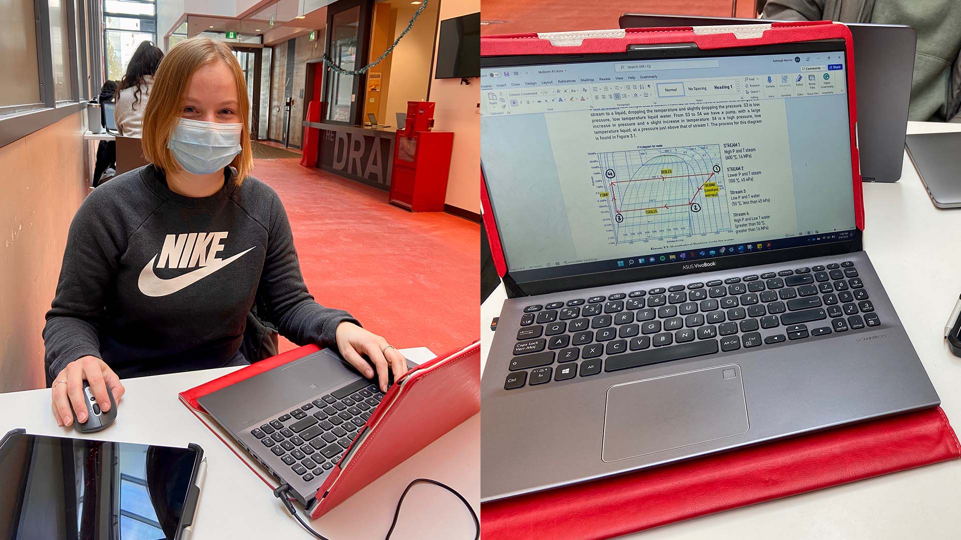 Two photos side by side. One is of a masked student. The other is of a laptop screen