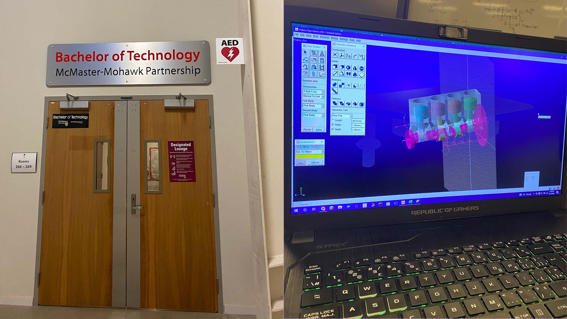 Two photos side-by-side. One is of a classroom door. The other is of a laptop screen