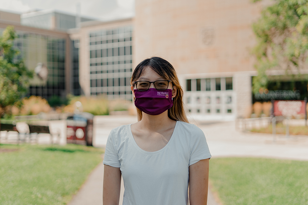 Roxxannia Wang, a McMaster Engineering student, models the new Niko Apparel masks which will be available to staff, faculty and students across McMaster. 