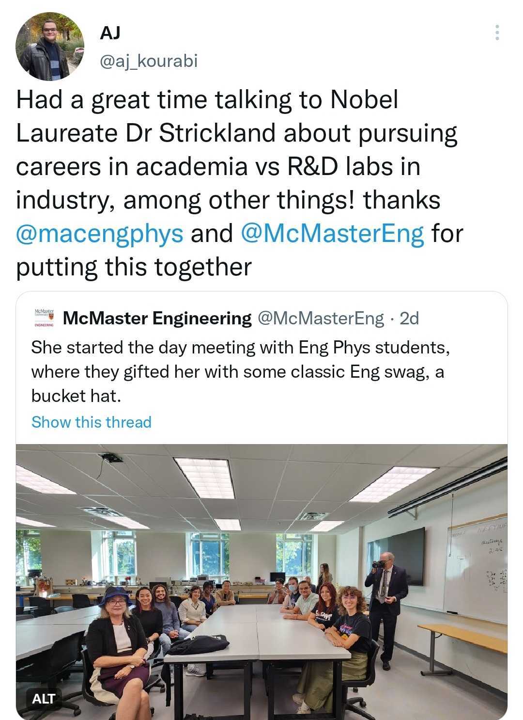 Tweet by Aj, a student, about meeting Donna Strickland