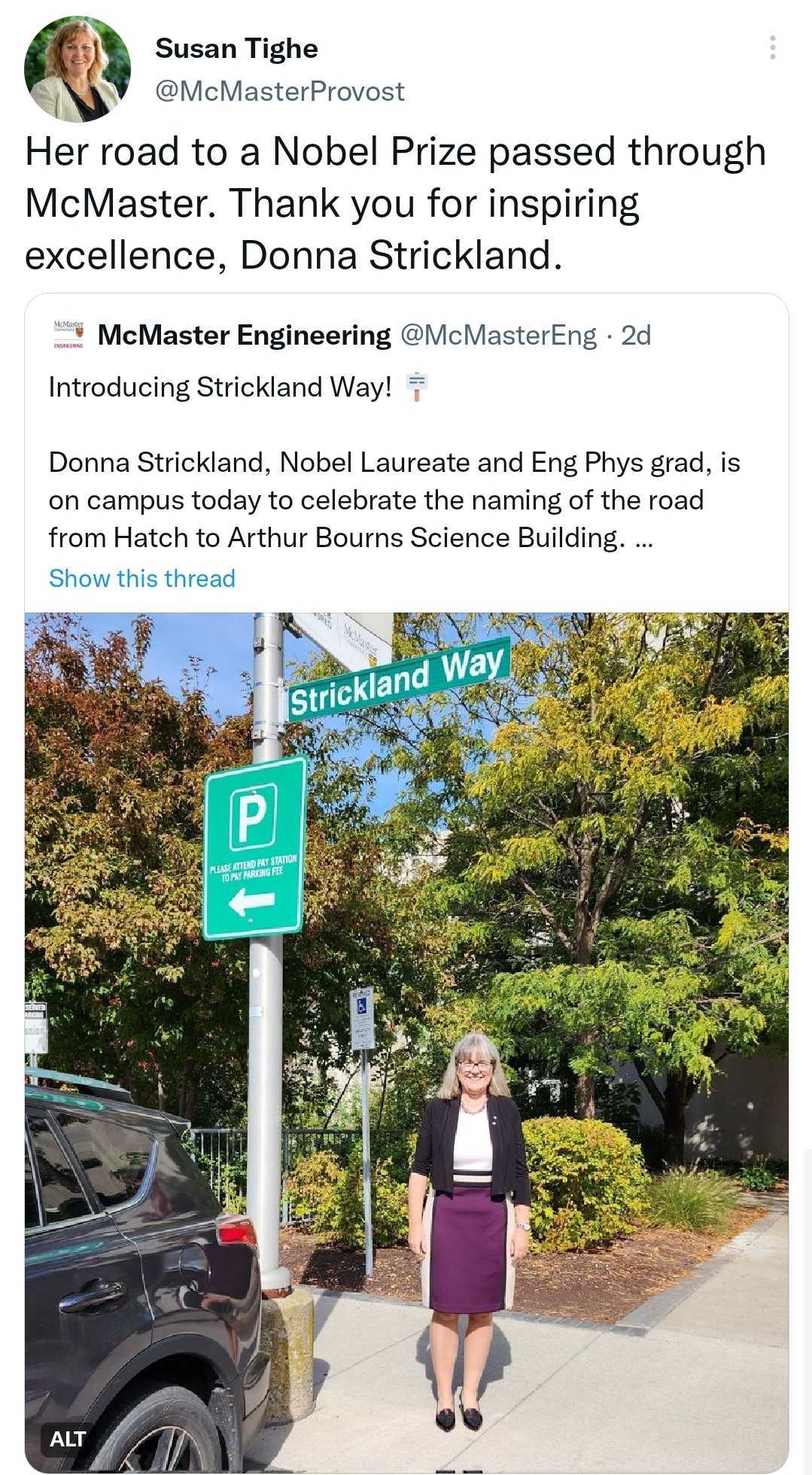 Tweet by Susan Tighe, provost, about Donna Strickland