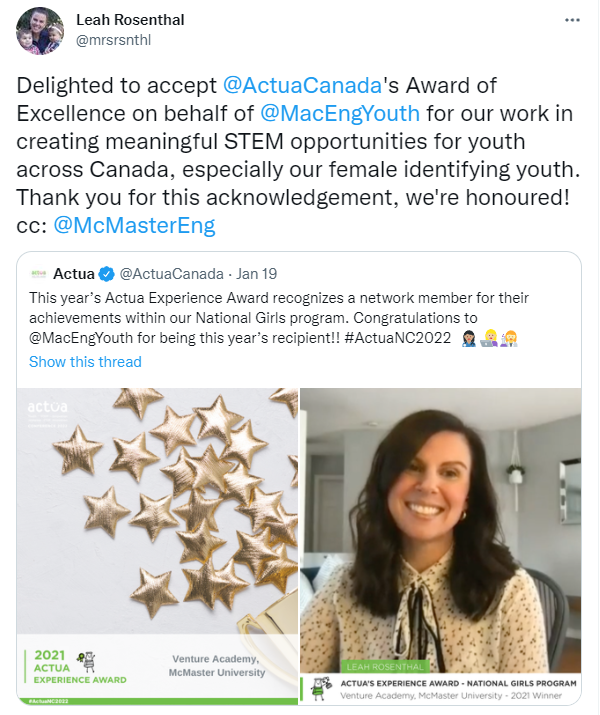 Screenshot of tweet of Leah's response to winning the Actua Experience Award.